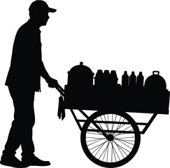 Street vendor pushing cart silhouette cartoon illustration, symbolic service and expressive gesture artwork for lifestyle and urban design
