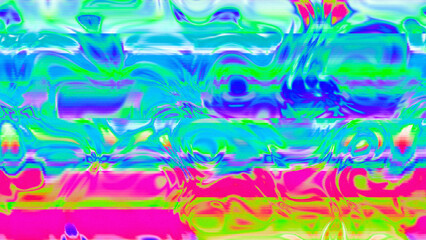 Abstract psychedelic glitch waves with neon colors, distorted digital fluid texture and VHS scanline effect
