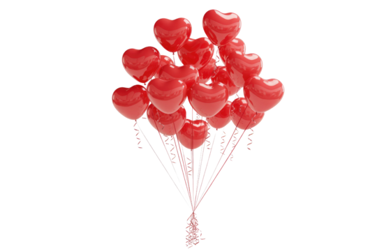 A bunch of red heart-shaped balloons tied together, floating against a transparent background. background removed