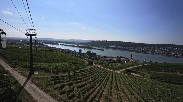 Fahrt mit der R&uuml;desheimer Seilbahn: Stadt, Weinberge und Rhein im Panoramablick.