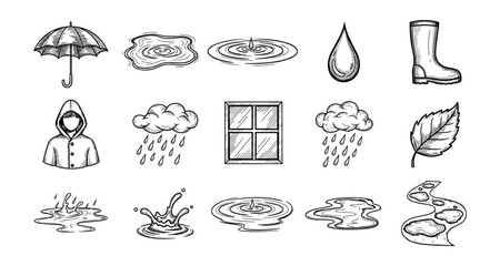 Hand drawn weather elements with rain and puddles for seasonal designs