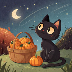 Fototapeta premium Cute black cat and pumpkins under a crescent moon, Halloween image