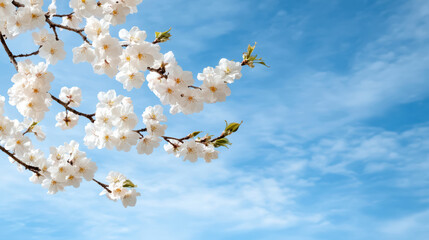 Blossoming cherry flowers against bright blue sky evoke spring freshness and beauty