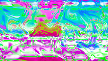 Abstract psychedelic glitch waves with neon colors, distorted digital fluid texture and VHS scanline effect