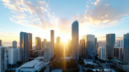 Naklejka premium City skyline golden hour with warm sunlight reflecting off buildings, creating vibrant