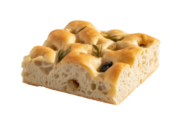 A slice of focaccia bread with olives and rosemary,  perfectly baked and golden brown. background removed