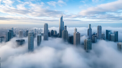 Fototapeta premium Dreamy city skyline emerging from mist, showcasing urban tranquility and modern architecture