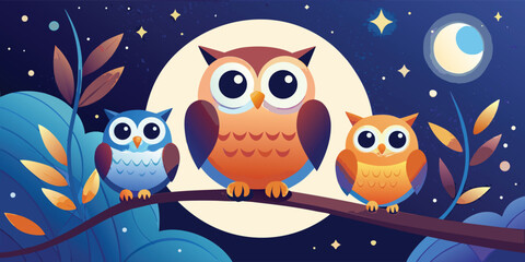 Obraz premium wildlife of three cute owls sitting under the moonlight at night in vector illustration art