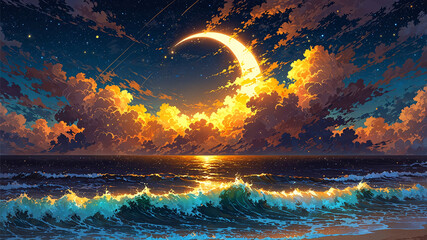 A magical night ocean with glowing moonlight, colorful waves, and bright stars