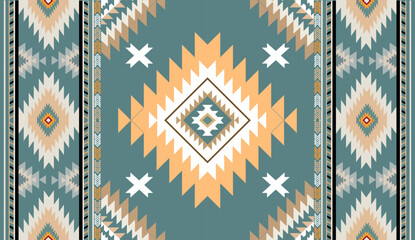 Seamless geometric ethnic pattern inspired by Native American tribal fabric. Traditional Aztec and Navajo style carpet and tile vector design on navy  background. Perfect for textile, wrapping,