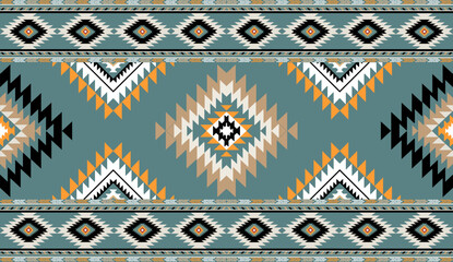 Seamless geometric ethnic pattern inspired by Native American tribal fabric. Traditional Aztec and Navajo style carpet and tile vector design on navy  background. Perfect for textile, wrapping,