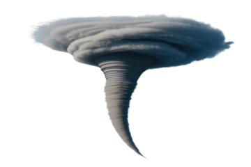 A realistic 3D render of a powerful tornado with a dark, swirling vortex and a wide, ominous top. background removed