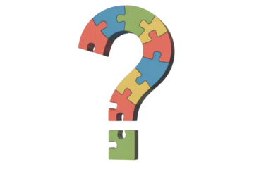 A question mark formed by colorful jigsaw puzzle pieces, with one piece missing below. background removed