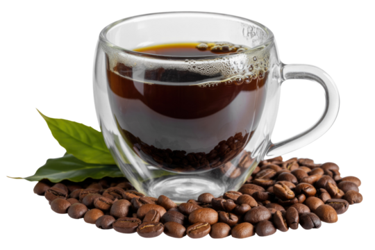 A glass cup of freshly brewed black coffee rests on a bed of roasted coffee beans, accompanied by a coffee leaf. background removed