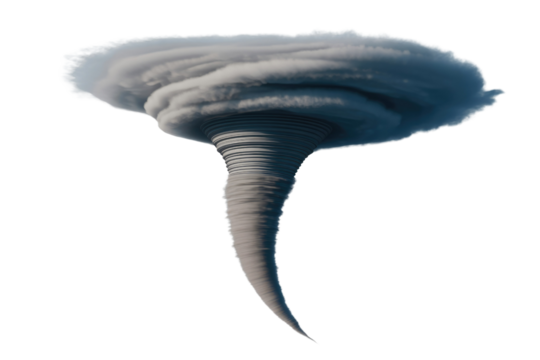 A realistic 3D render of a powerful tornado with a dark, swirling vortex and a wide, ominous top. background removed