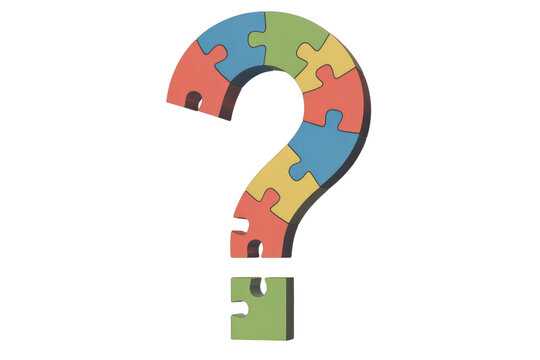 A question mark formed by colorful jigsaw puzzle pieces, with one piece missing below. background removed