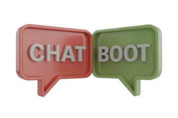 3D render of two speech bubbles, one saying CHAT and the other saying BOOT, representing chatbot technology. background removed