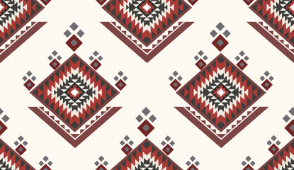 Seamless geometric ethnic pattern inspired by Native American tribal fabric. Traditional Aztec and Navajo style carpet and tile vector design on navy blue background. Perfect for textile, wrapping,