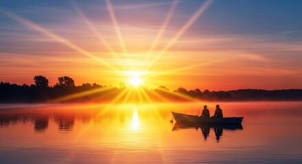 Two people in a small boat on a calm lake at sunrise, with bright sun rays shining through the orange sky.
