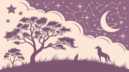 Silhouette of a tree wolf and crescent moon beneath starry skies