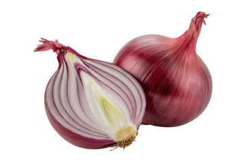 A halved red onion and a whole red onion, isolated on a transparent background. background removed