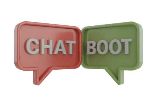 3D render of two speech bubbles, one saying CHAT and the other saying BOOT, representing chatbot technology. background removed
