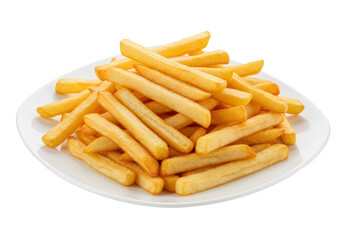 Golden French fries on a plate isolated, crispy and delicious potato snack for fast food menus and restaurant promotions PNG