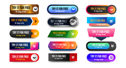 Try it for free icons button design. Colorful Try for free button pack for website, ads, UI, and project. vector EPS 10