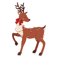 Christmas Santa's reindeer draped in garland. Traditional cozy winter element for holidays. New Year and Christmas decorations. Colored flat hand-drawn illustration isolated on white background.