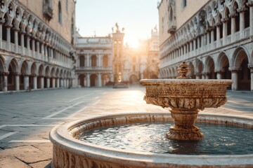 An ornate stone fountain bathed in golden light within a grand historic square.