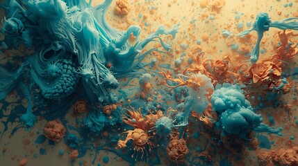 Abstract Blue and Orange Organic Forms Featuring Fibrous Texture and Blooming Shapes