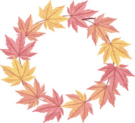 Fototapeta premium Round Wreath of Autumn Maple Leaves in Yellow and Pink fall, maple, leaves, frame, border, circular, season