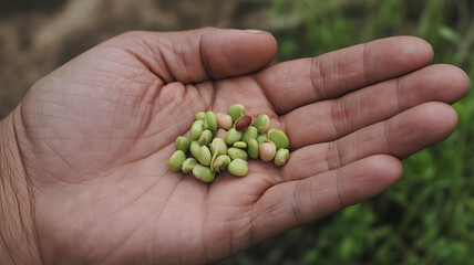 Hand gently cradling a pile of soybeans, representing growth, agriculture, and natural abundance.