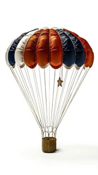 A colorful parachute with a shining star at the center, suitable for use in designs related to adventure, travel or celebration