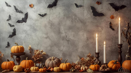 Minimalist Halloween Decoration with Pumpkins, Candles, and Paper Bats on Wall