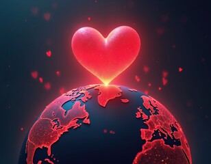 Glowing red heart over stylized globe with continents map. Love concept digital illustration about global connection world care. Romantic Valentine day design background.
