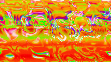 Abstract psychedelic glitch waves with neon colors, distorted digital fluid texture and VHS scanline effect