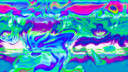 Abstract psychedelic glitch waves with neon colors, distorted digital fluid texture and VHS scanline effect