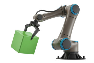 Fototapeta premium A robotic arm with a claw lifts a green cube. Automation, technology, industry. background removed