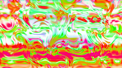 Abstract psychedelic glitch waves with neon colors, distorted digital fluid texture and VHS scanline effect