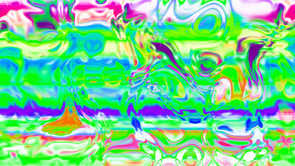 Abstract psychedelic glitch waves with neon colors, distorted digital fluid texture and VHS scanline effect