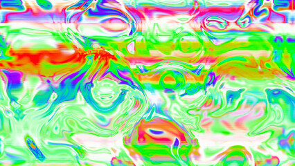 Abstract psychedelic glitch waves with neon colors, distorted digital fluid texture and VHS scanline effect