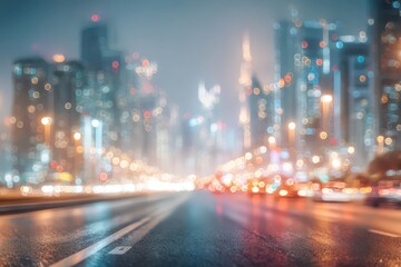 Abstract bokeh cityscape at night with wet road reflections and blurred city lights.