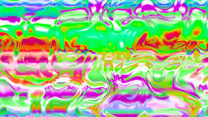 Abstract psychedelic glitch waves with neon colors, distorted digital fluid texture and VHS scanline effect