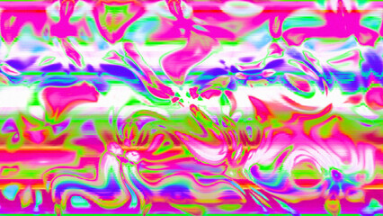 Abstract psychedelic glitch waves with neon colors, distorted digital fluid texture and VHS scanline effect