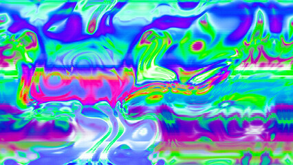 Abstract psychedelic glitch waves with neon colors, distorted digital fluid texture and VHS scanline effect