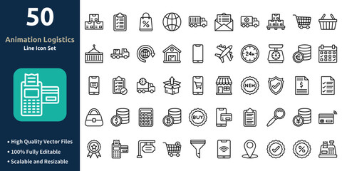 Animation Logistics icon set in Outline style. Minimilist and trendy Icon set. Containing Icons,Boxes,Checklist,Shopping bag,Worldwide,Truck,and so on.