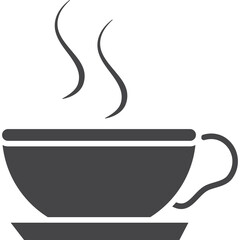 Simple dark grey icon of a steaming cup and saucer on a transparent background conveying warmth and beverage