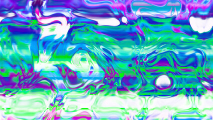 Abstract psychedelic glitch waves with neon colors, distorted digital fluid texture and VHS scanline effect