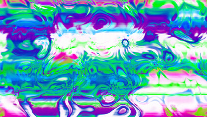 Abstract psychedelic glitch waves with neon colors, distorted digital fluid texture and VHS scanline effect